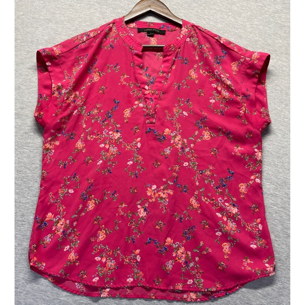 Cynthia Steffe Blouse Top Womens Large Pink Floral Print Split Neck Cap Sleeve
